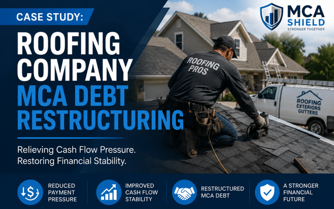 Roofing contractor working on a residential roof while reviewing a roofing company MCA debt restructuring case study, illustrating improved cash flow, reduced payment pressure, and financial stability for the business.