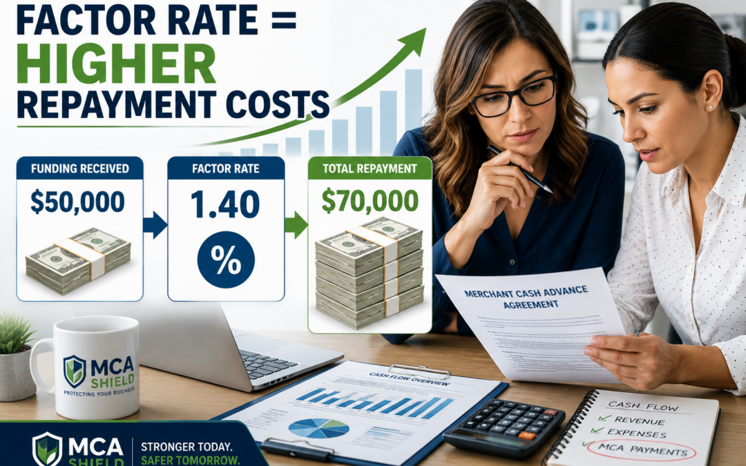 Two female business owners review a merchant cash advance agreement while comparing how an MCA factor rate increases repayment costs from $50,000 to $70,000, illustrated with financial charts, cash flow reports, and MCA Shield branding.