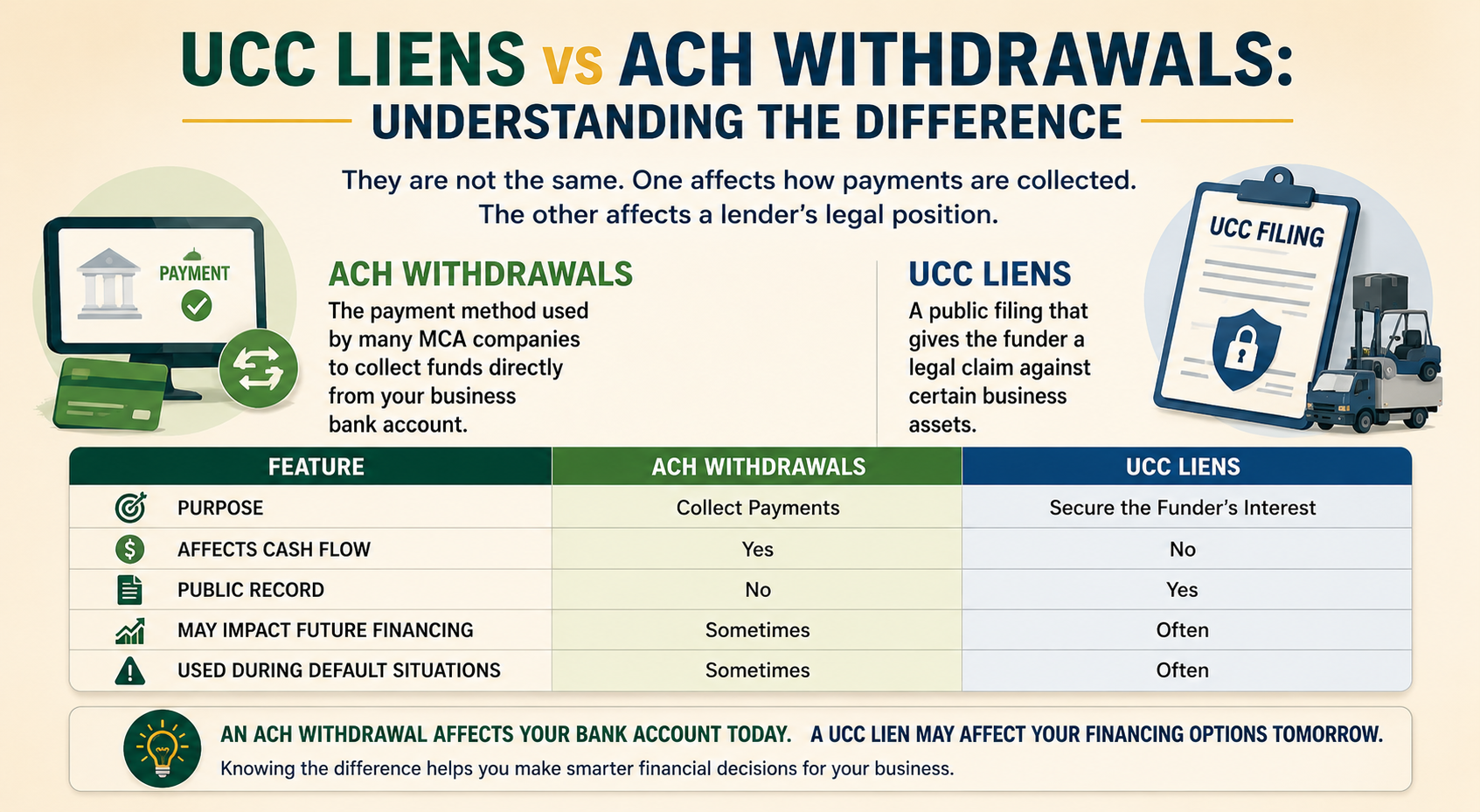 Horizontal infographic comparing UCC liens and ACH withdrawals in MCA financing. The graphic uses a beige background with teal, blue, and gold accents and explains the key differences between payment collection methods and legal claims on business assets. A comparison table highlights purpose, cash flow impact, public record status, financing implications, and default-related uses, helping business owners understand how each can affect their business.