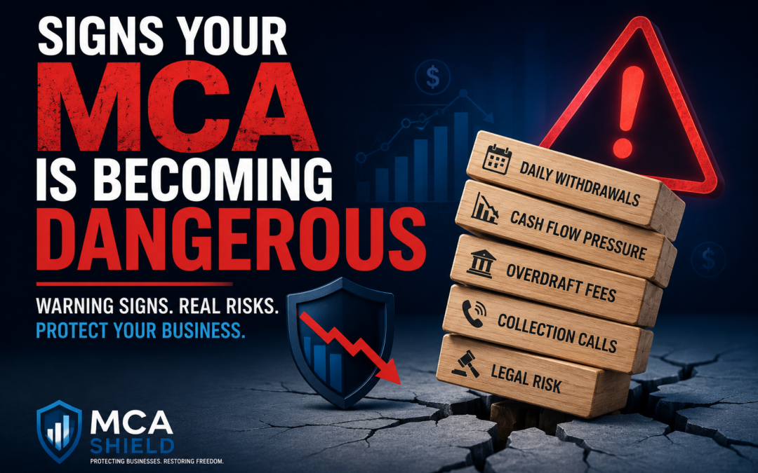 Business warning graphic illustrating signs that a merchant cash advance is becoming dangerous, featuring a leaning stack of financial risk blocks labeled daily withdrawals, cash flow pressure, overdraft fees, collection calls, and legal risk alongside the MCA Shield logo.
