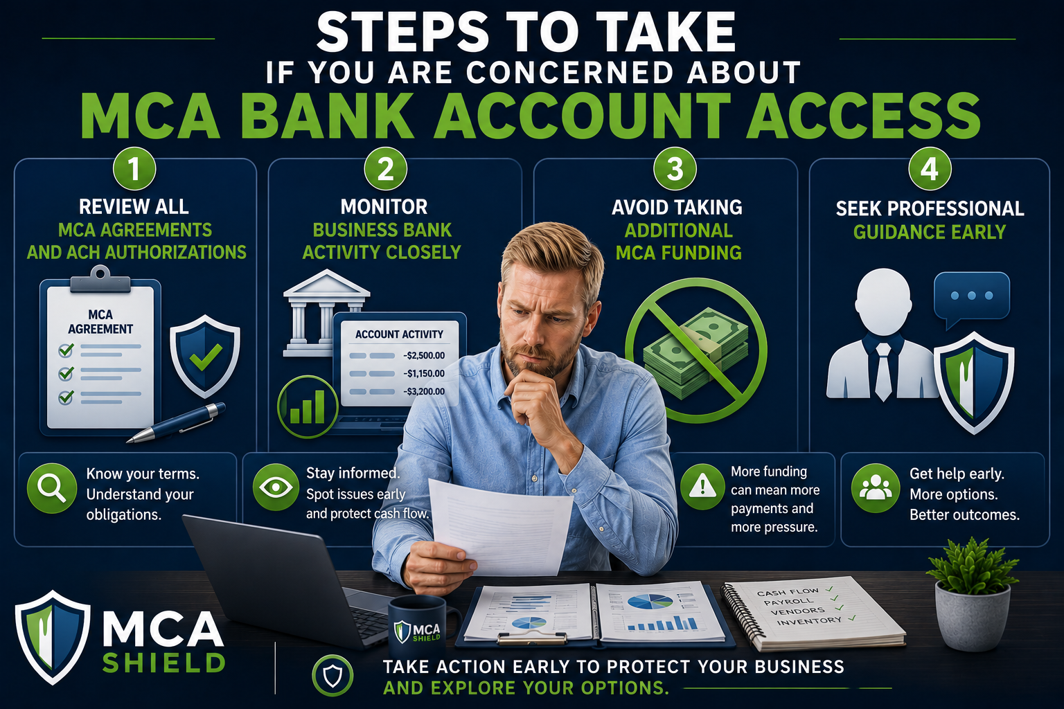 Business owner reviewing financial documents while a four-step infographic outlines actions businesses can take when concerned about MCA bank account access, including reviewing MCA agreements, monitoring bank activity, avoiding additional funding, and seeking professional guidance.