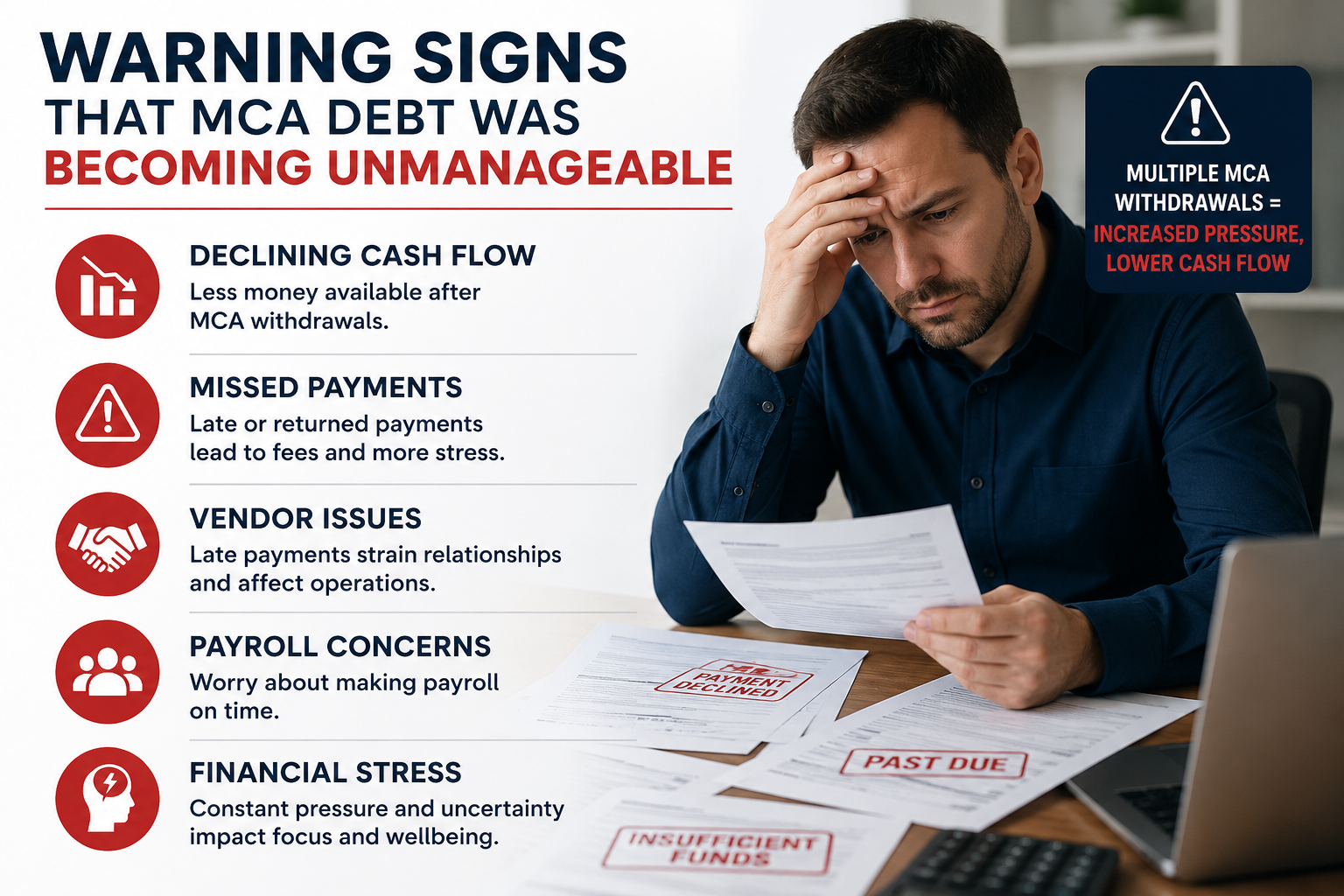 Business owner reviewing overdue stacked mca loans while facing declining cash flow, missed payments, vendor issues, payroll concerns, and financial stress caused by multiple stacked Merchant Cash Advance loans.