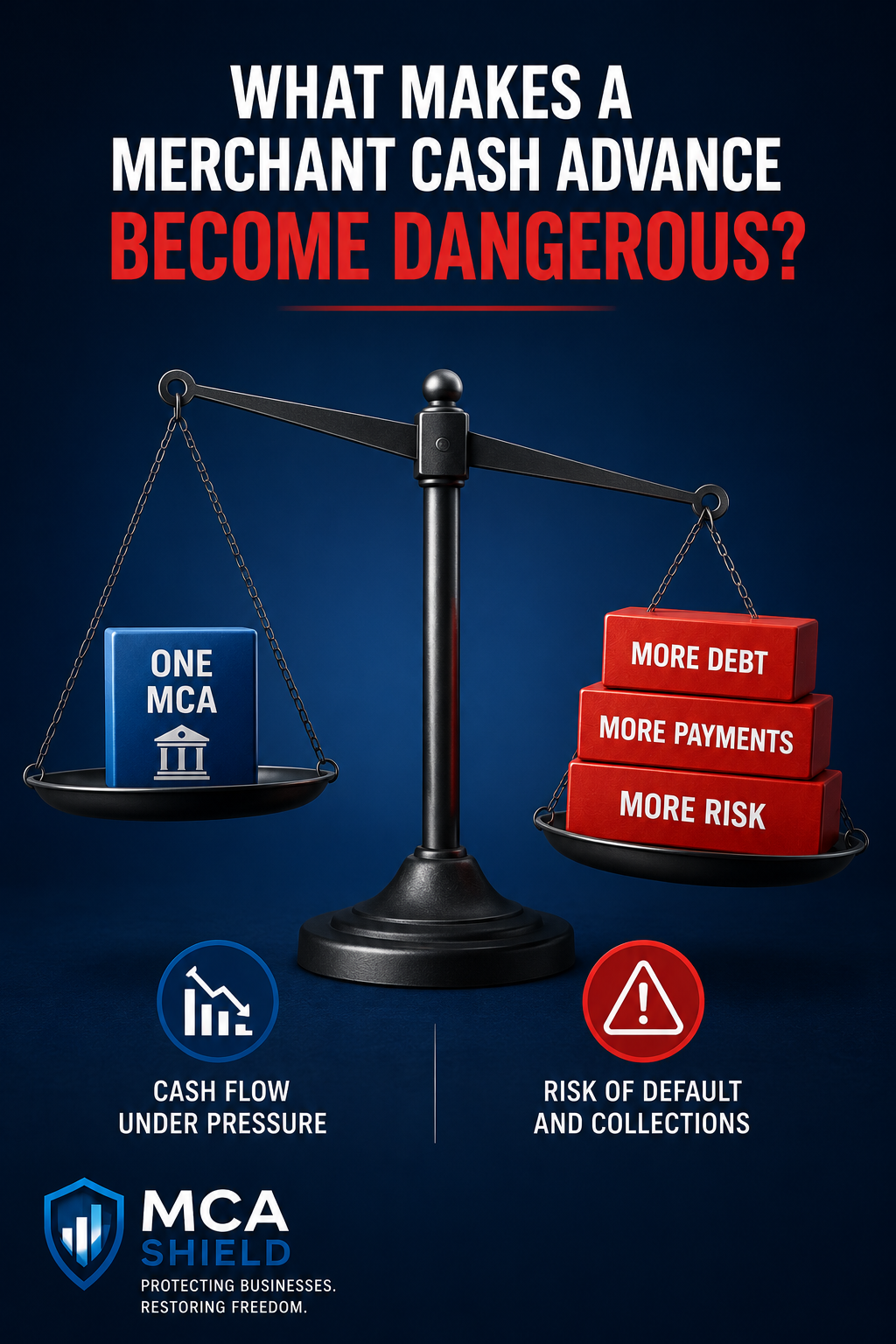 Vertical infographic illustrating what makes a merchant cash advance become dangerous, showing a balanced scale with one MCA versus growing debt, more payments, and increased risk, highlighting cash flow pressure and the risk of default and collections.