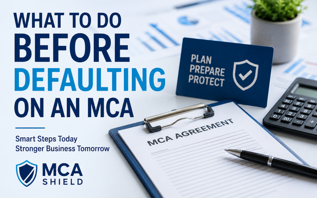 Professional MCA Shield featured image showing an MCA agreement on a clipboard beside financial reports and a calculator. The headline “What to Do Before Defaulting on an MCA” appears prominently alongside planning and business protection graphics, representing proactive merchant cash advance debt management and financial recovery strategies.