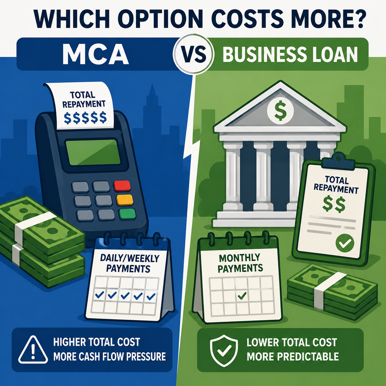 Comparison infographic showing Merchant Cash Advances versus Traditional Business Loans, highlighting higher repayment costs, daily or weekly payments, and cash flow pressure for MCAs compared to lower costs and predictable monthly payments for business loans.