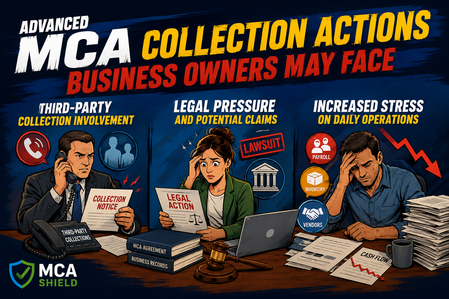 Advanced MCA collection actions showing third-party collection involvement, legal pressure, and business cash flow challenges from unresolved merchant cash advance debt.