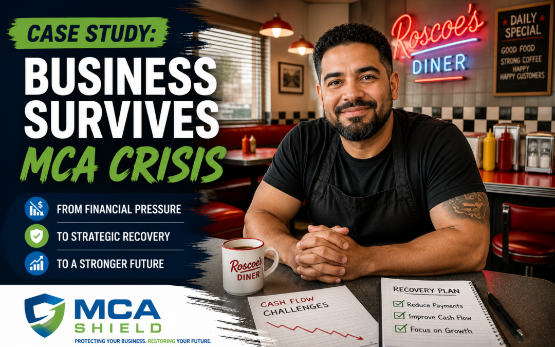 Business owner standing confidently inside a classic American diner after overcoming a merchant cash advance crisis, with graphics illustrating financial recovery, improved cash flow, and MCA Shield business debt relief solutions.