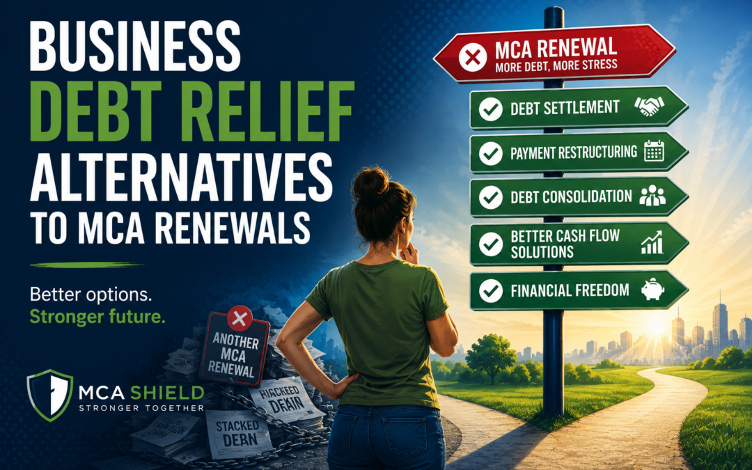 Business owner choosing business debt relief alternatives to MCA renewals to reduce merchant cash advance debt and improve cash flow stability