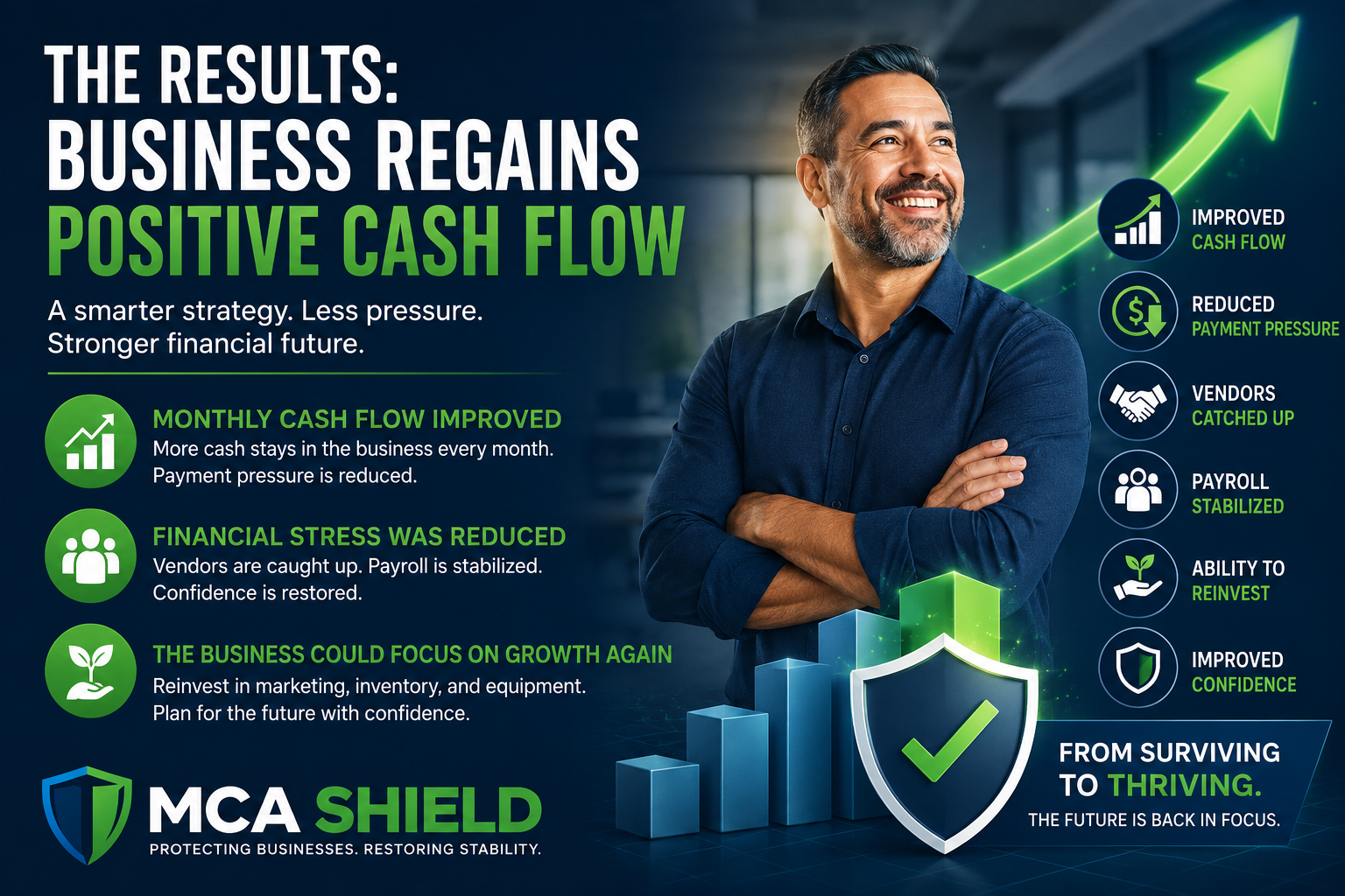 Business regains positive cash flow case study illustrating improved cash flow, reduced MCA payment pressure, stabilized payroll, current vendor payments, business reinvestment, and long-term financial recovery after Merchant Cash Advance debt relief.