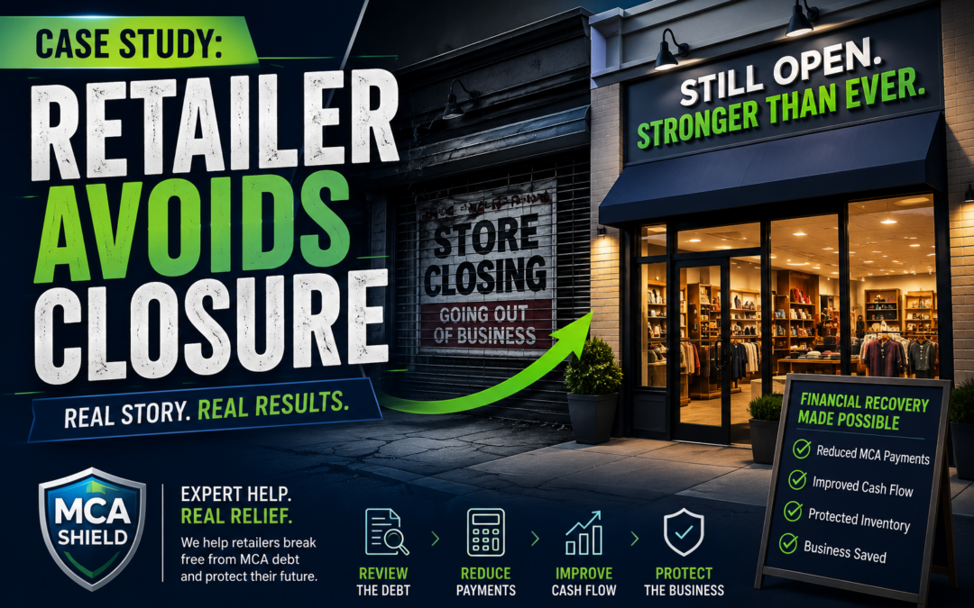 Case study showing a retail business avoiding closure through retail business MCA debt relief, improved cash flow, and financial recovery with MCA Shield.