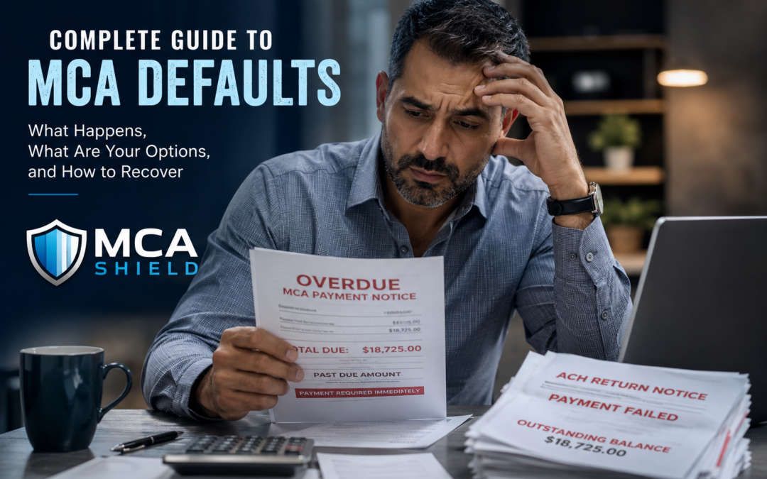 Stressed small business owner reviewing overdue merchant cash advance payment notices and financial documents at his desk, illustrating the challenges of a merchant cash advance default.