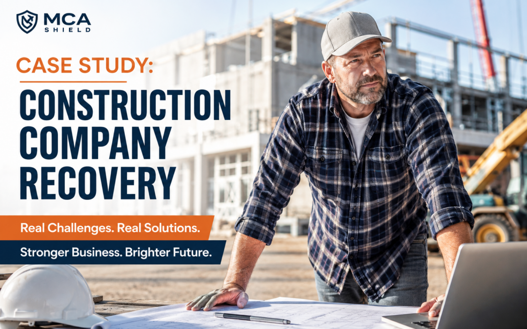 Construction company owner reviewing project plans during MCA debt recovery and business cash flow improvement process with MCA Shield support.