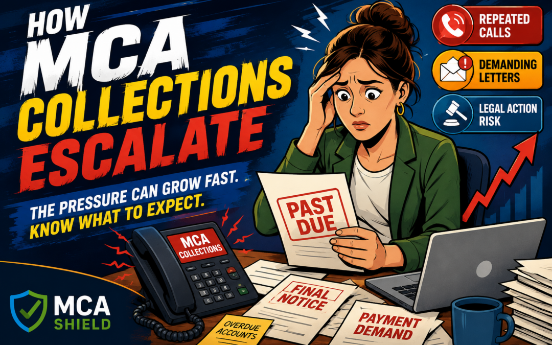 MCA collections escalation illustration showing a business owner facing payment demands, collection pressure, and MCA debt challenges with MCA Shield support.