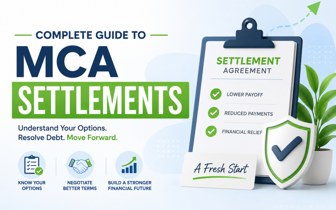 Complete Guide to MCA Settlements featured image showing a settlement agreement clipboard, financial protection shield, growth chart, and business negotiation icons illustrating merchant cash advance settlement options, reduced payments, and improved financial stability.