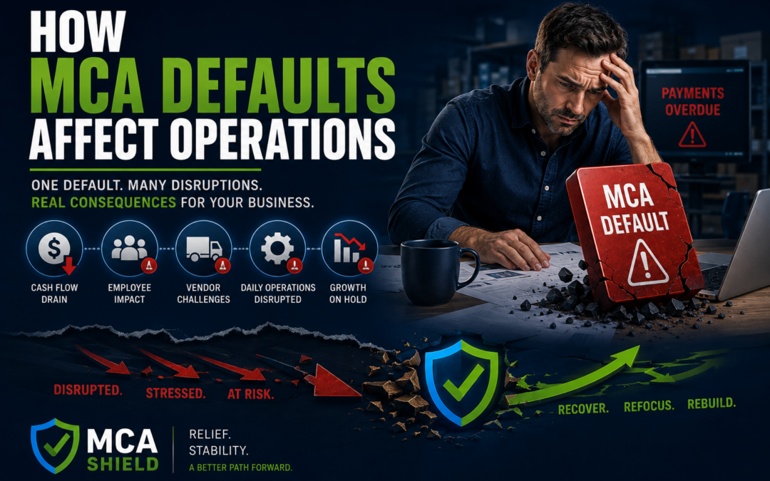 MCA default consequences featured image showing how merchant cash advance defaults affect business operations, including cash flow problems, employee impact, vendor challenges, daily disruptions, and the path toward recovery.