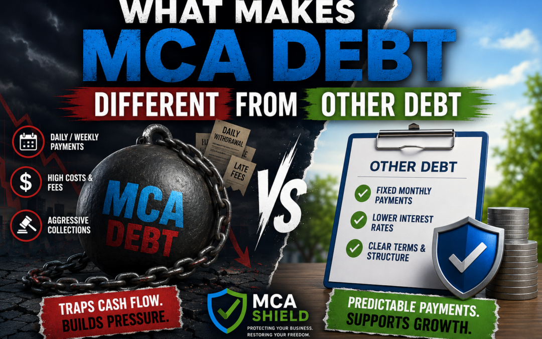 Featured graphic comparing MCA debt to other debt, showing chained MCA debt with daily payments, high fees, and aggressive collections versus predictable traditional debt with fixed monthly payments and clear repayment terms.