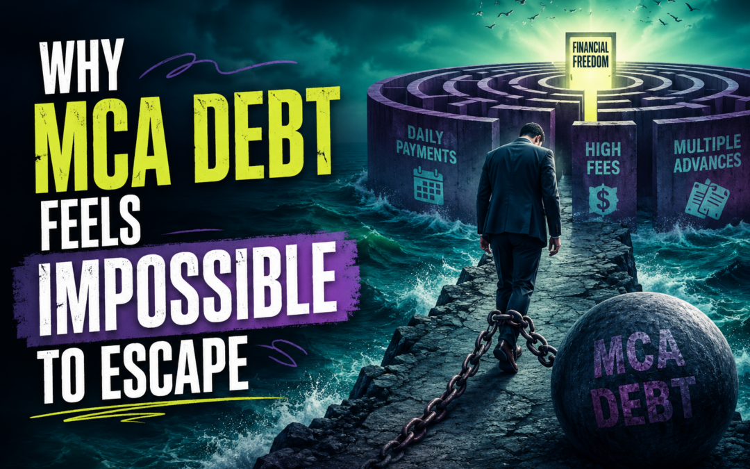 Business owner chained to a heavy ball labeled MCA Debt while walking toward financial freedom through a maze, illustrating why MCA debt feels impossible to escape and the cycle of daily payments, high fees, and multiple merchant cash advances.
