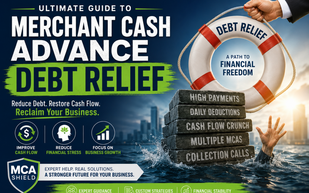 Illustration promoting Merchant Cash Advance Debt Relief featuring a business owner struggling under stacked financial burdens labeled high payments, daily deductions, cash flow crunch, multiple MCAs, and collection calls while a debt relief lifebuoy symbolizes financial recovery. The graphic highlights improved cash flow, reduced financial stress, business growth, and customized debt relief solutions from MCA Shield.