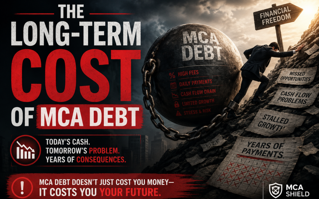 Business owner struggles uphill while dragging a massive chained ball labeled MCA debt, illustrating the long-term cost of MCA debt, cash flow strain, stalled growth, and years of financial pressure.