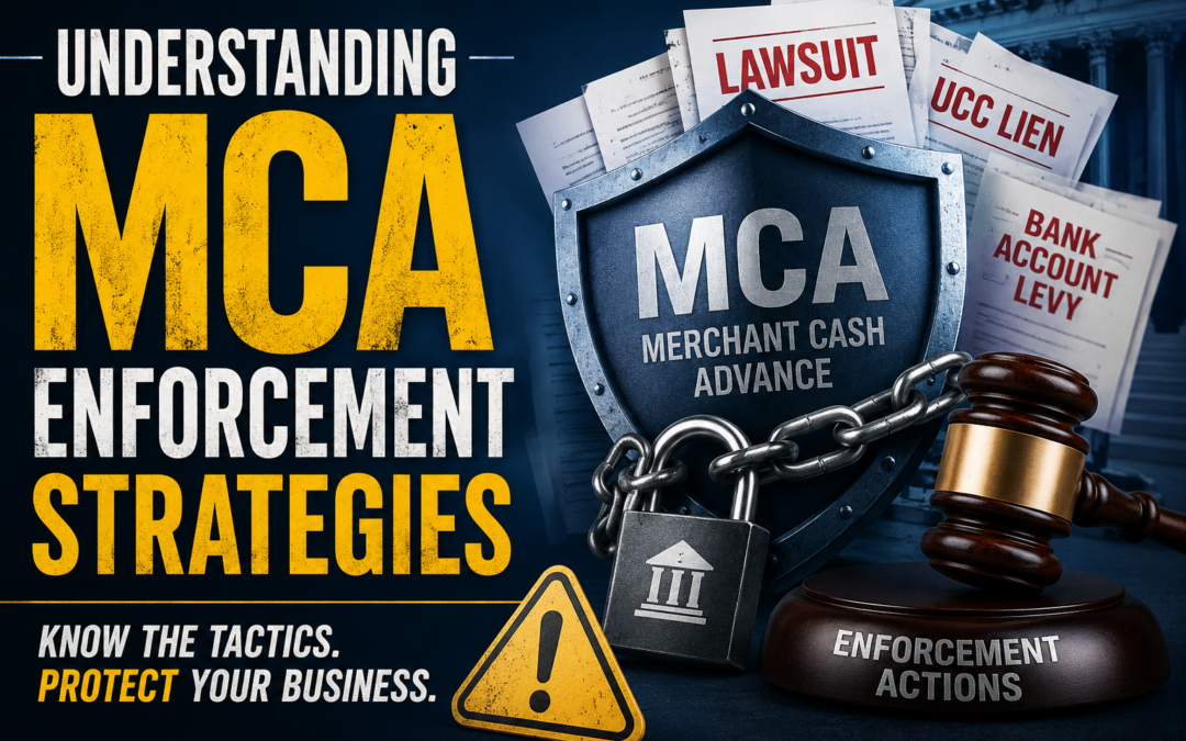 Illustration representing MCA enforcement strategies with legal documents, a shield, chain and padlock, judge's gavel, warning symbol, and business enforcement concepts including lawsuits, UCC liens, and bank account levies.