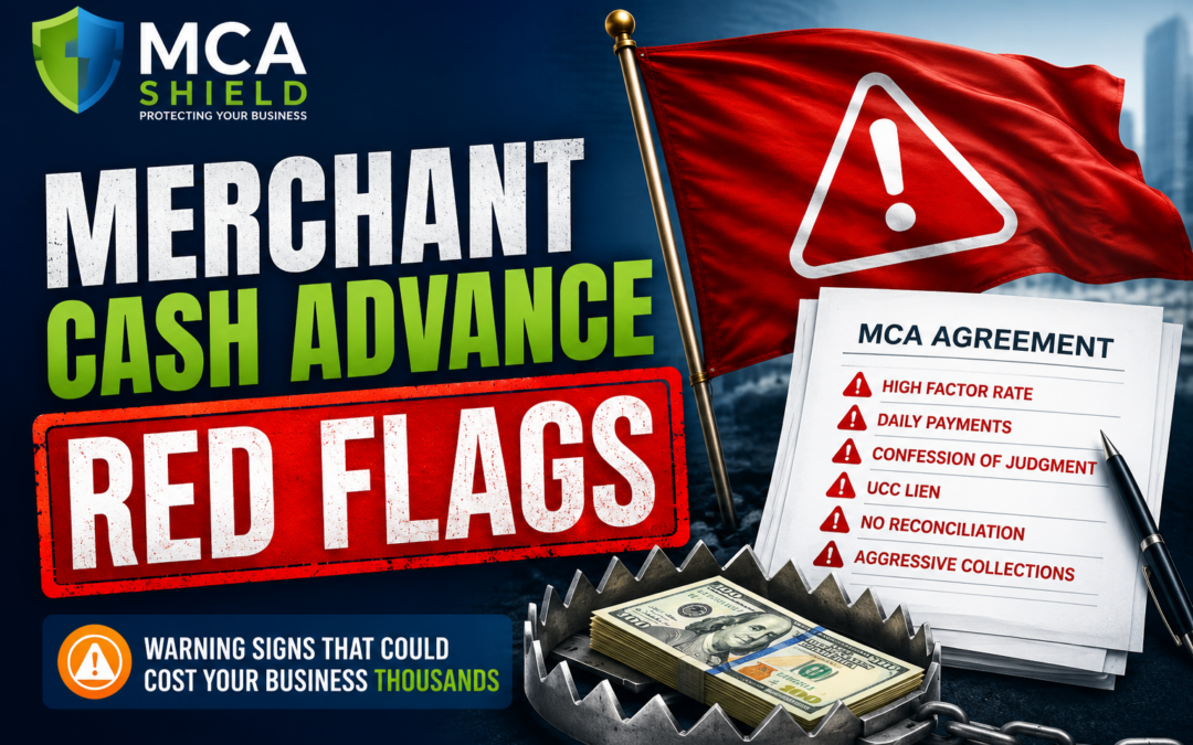 Merchant Cash Advance Red Flags featured image showing an MCA agreement with warning signs including high factor rates, daily payments, confession of judgment, UCC lien, and aggressive collections, alongside a red warning flag, cash caught in a bear trap, and the MCA Shield logo representing the risks of harmful merchant cash advance contracts.
