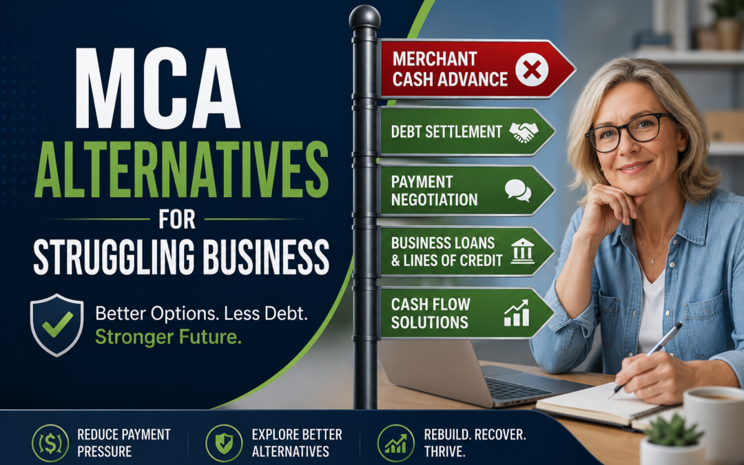 MCA alternatives for struggling businesses showing financial recovery options, debt settlement, payment negotiation, and cash flow solutions for business owners