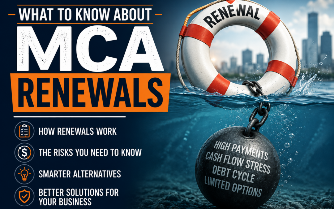 MCA renewals featured image showing a life preserver chained to a heavy debt weight, illustrating the risks of merchant cash advance renewals, increasing payment pressure, and alternatives to break the debt cycle.