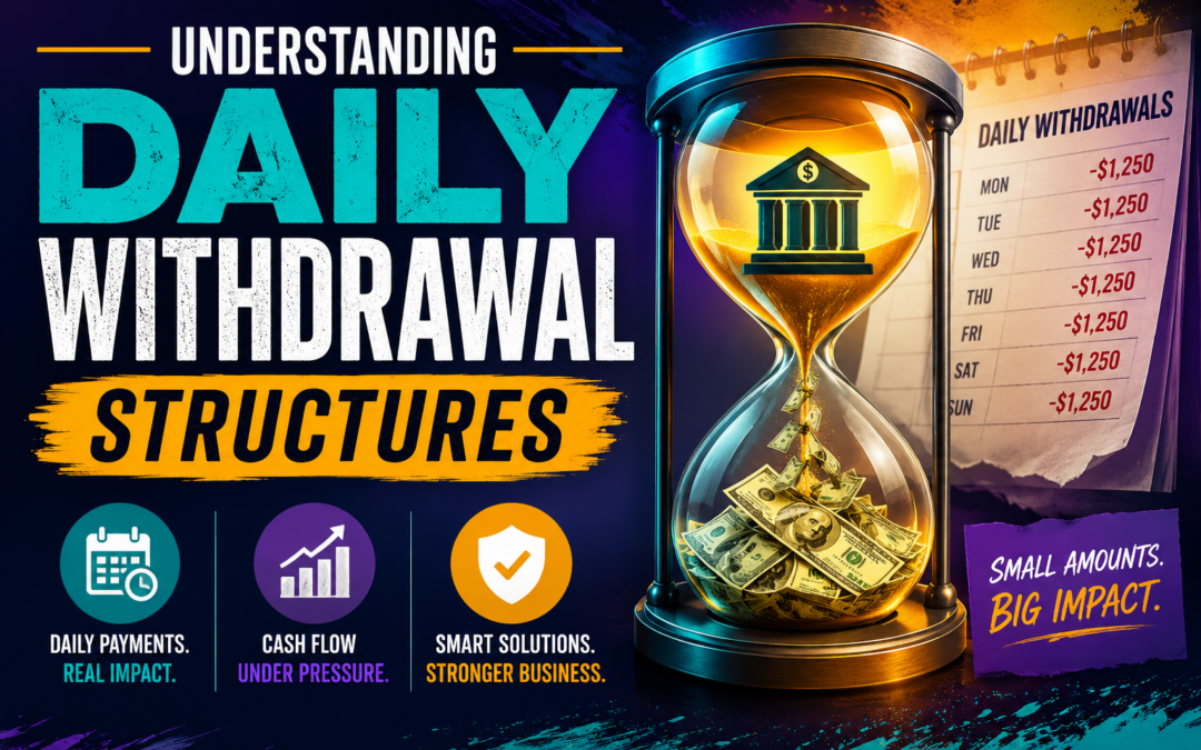 Featured graphic illustrating MCA daily withdrawal structures with an hourglass, falling cash, and a daily ACH withdrawal schedule highlighting the impact on business cash flow.