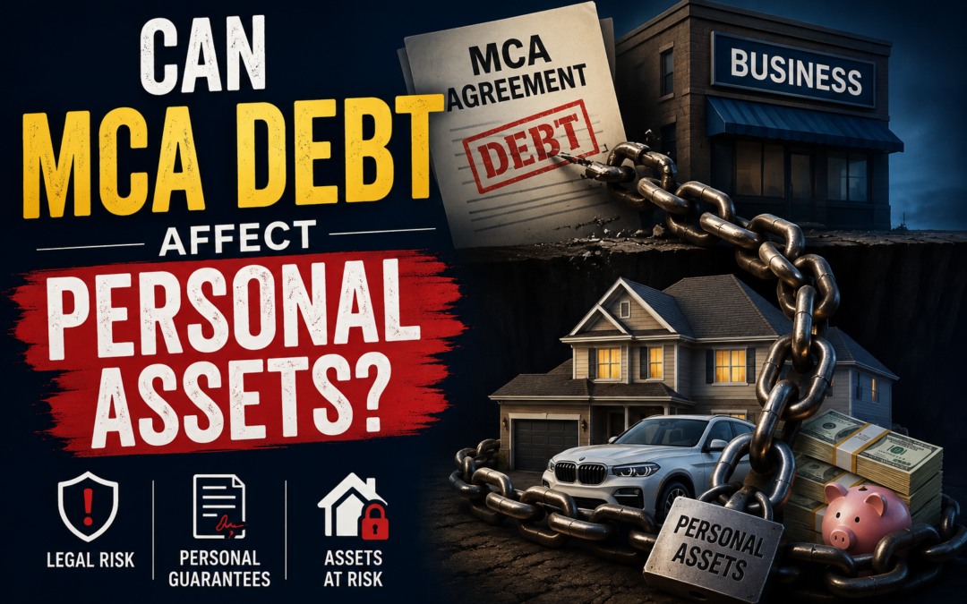 Illustration showing an MCA agreement chained to a business, house, vehicle, and savings to represent how merchant cash advance debt and personal guarantees may put personal assets at risk.