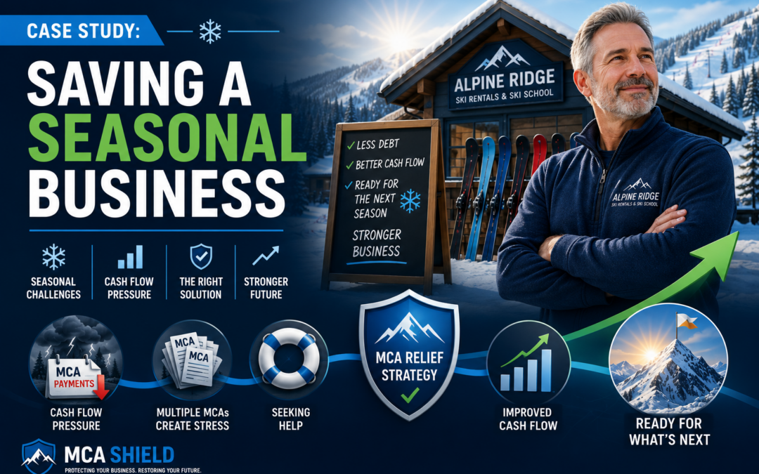 Featured image for a case study about saving a seasonal ski rental and ski school business from MCA debt. The illustration shows Alpine Ridge Ski Rentals & Ski School overcoming cash flow challenges through an MCA relief strategy, highlighting seasonal revenue, multiple MCA payments, improved cash flow, and long-term business recovery.