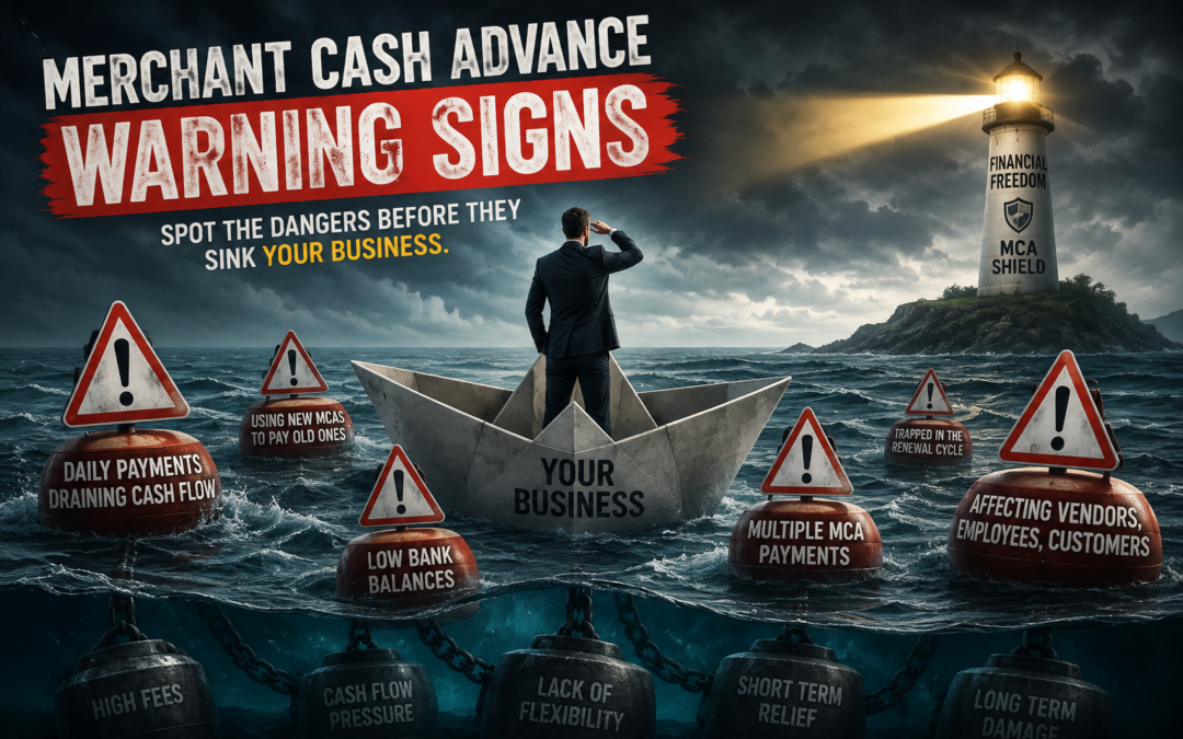 Merchant cash advance warning signs showing business owner navigating financial risks, cash flow problems, MCA debt pressure, and a path toward business recovery.