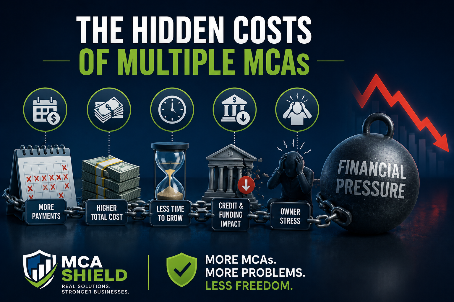 Hidden costs of multiple MCAs showing increased payments, reduced cash flow, financial pressure, and challenges affecting business growth.