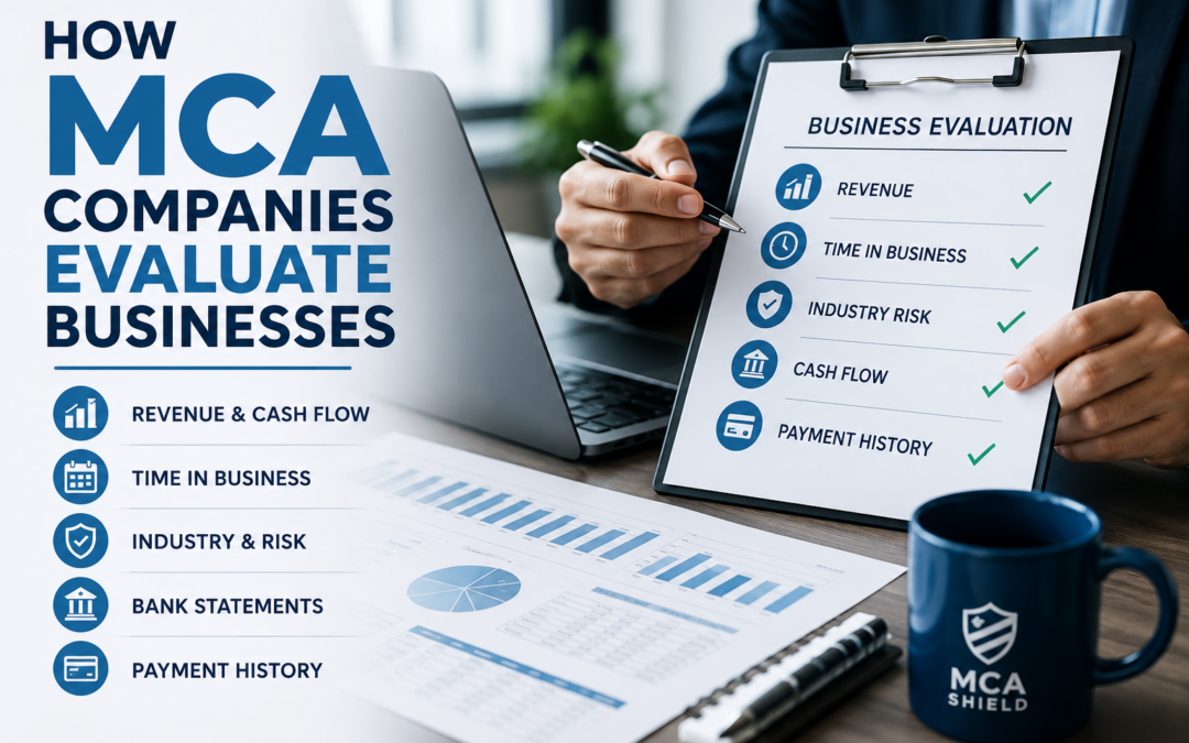 Business owner reviewing financial records as an MCA company evaluates revenue, cash flow, bank statements, and business performance for merchant cash advance approval.
