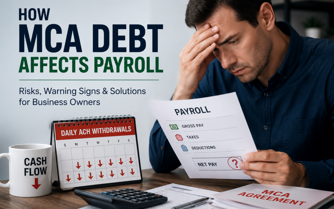 Business owner reviewing payroll documents while managing MCA debt, illustrating how daily ACH withdrawals can strain cash flow, affect payroll, and create financial pressure for small businesses.
