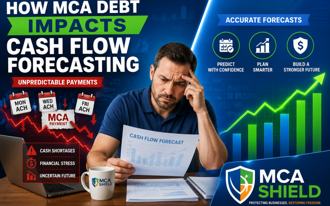 Business owner reviewing a cash flow forecast while unpredictable merchant cash advance payments disrupt financial planning, contrasted with improved cash flow forecasting and business growth using MCA Shield.
