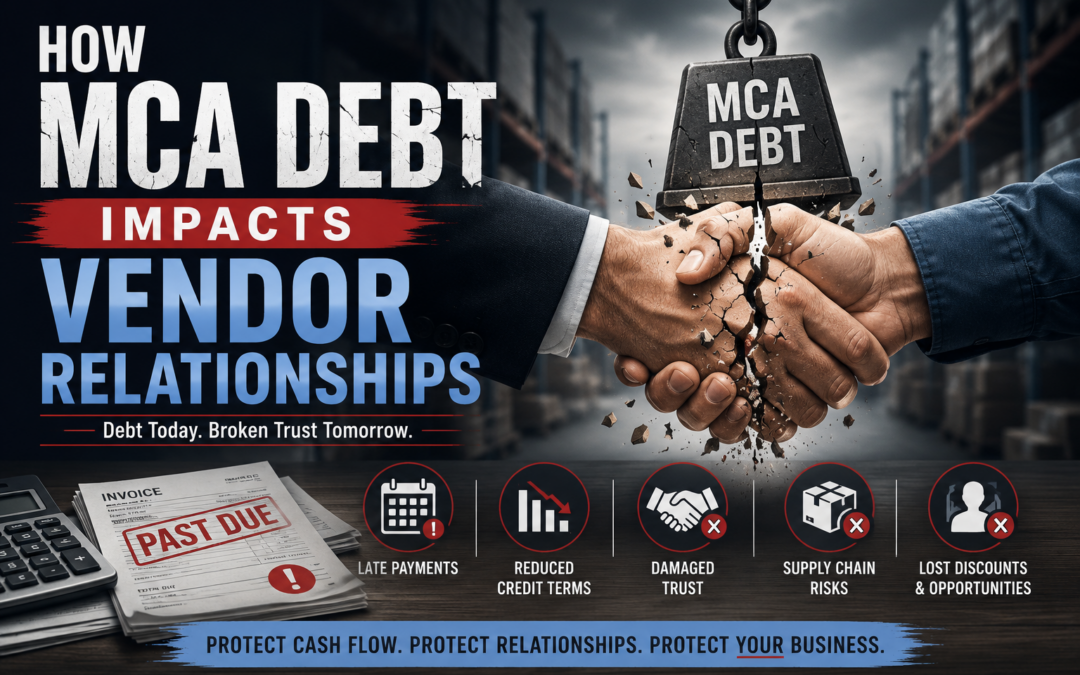 Illustration showing how MCA debt impacts vendor relationships with broken trust, late supplier payments, damaged cash flow, and strained business partnerships.