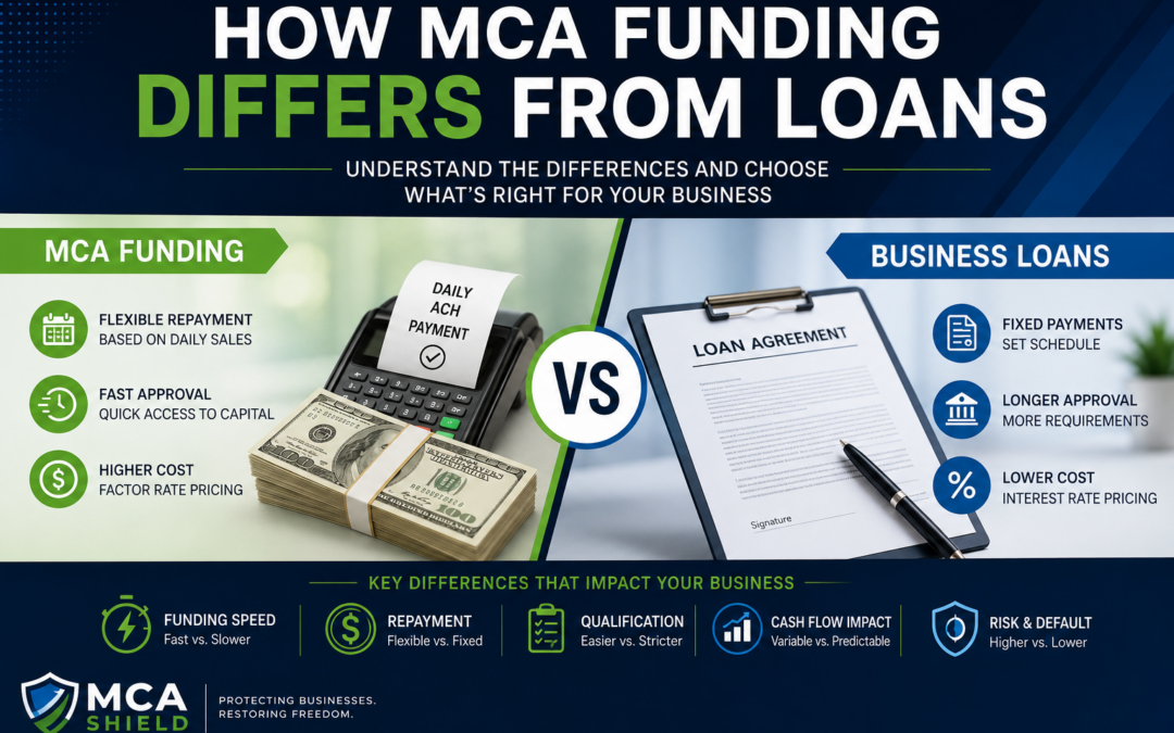 Featured infographic comparing MCA funding and traditional business loans, highlighting differences in approval process, repayment structure, financing costs, cash flow impact, and business financing options for small businesses.
