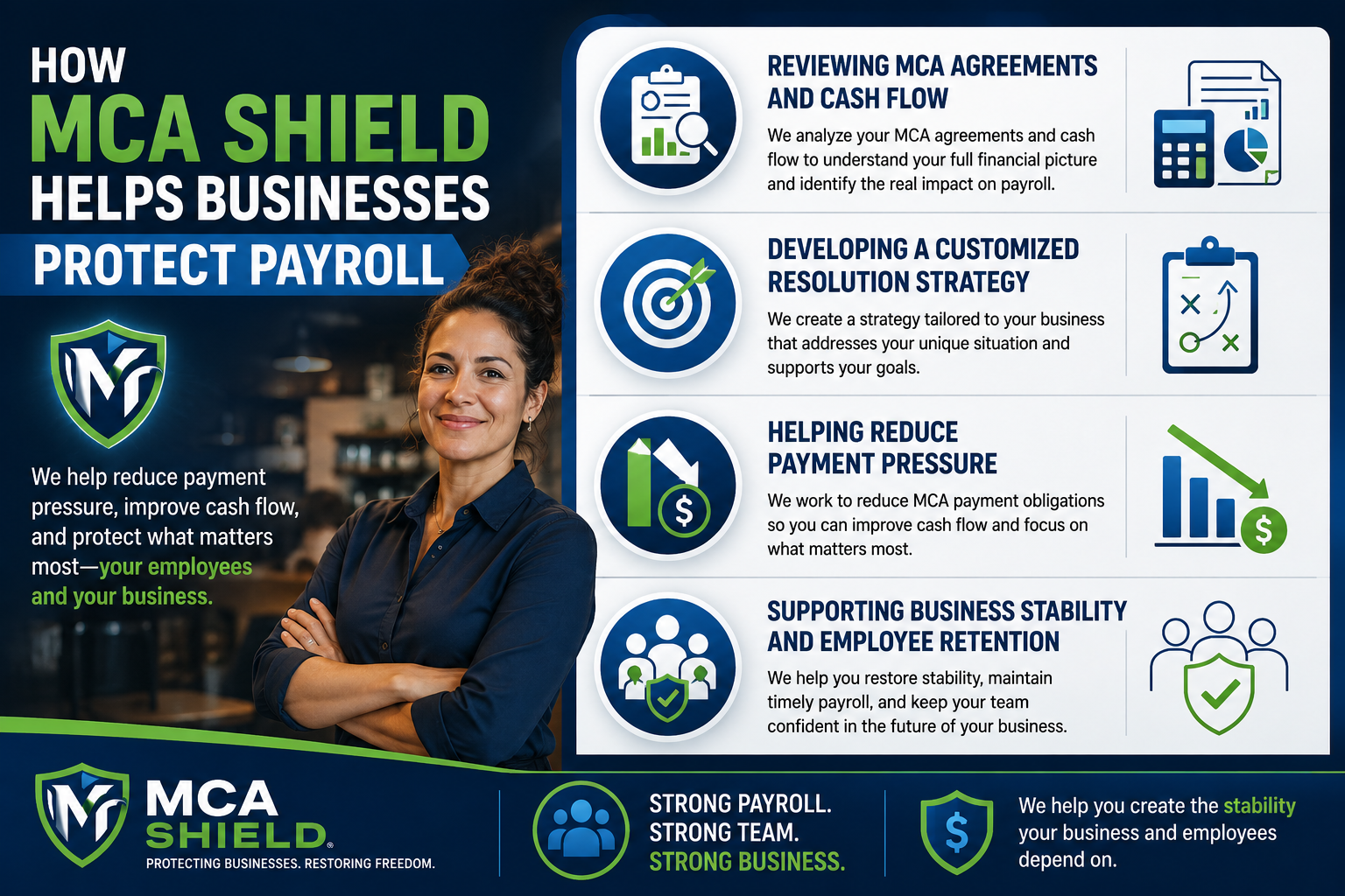 Infographic outlining options for businesses struggling with MCA loan stacking, including MCA debt restructuring, MCA settlement programs, and professional negotiation solutions designed to reduce payment pressure and improve cash flow.
