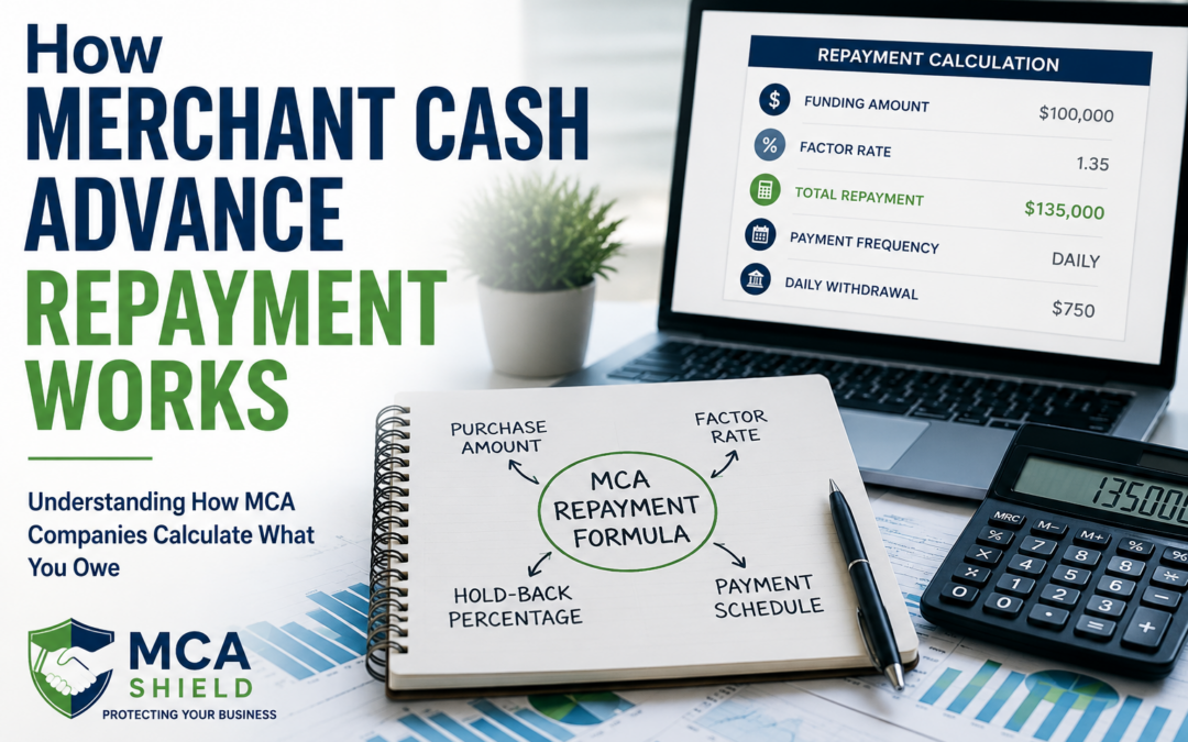 Merchant cash advance repayment illustration showing factor rate, purchase amount, daily ACH withdrawals, repayment calculation, and MCA Shield branding.