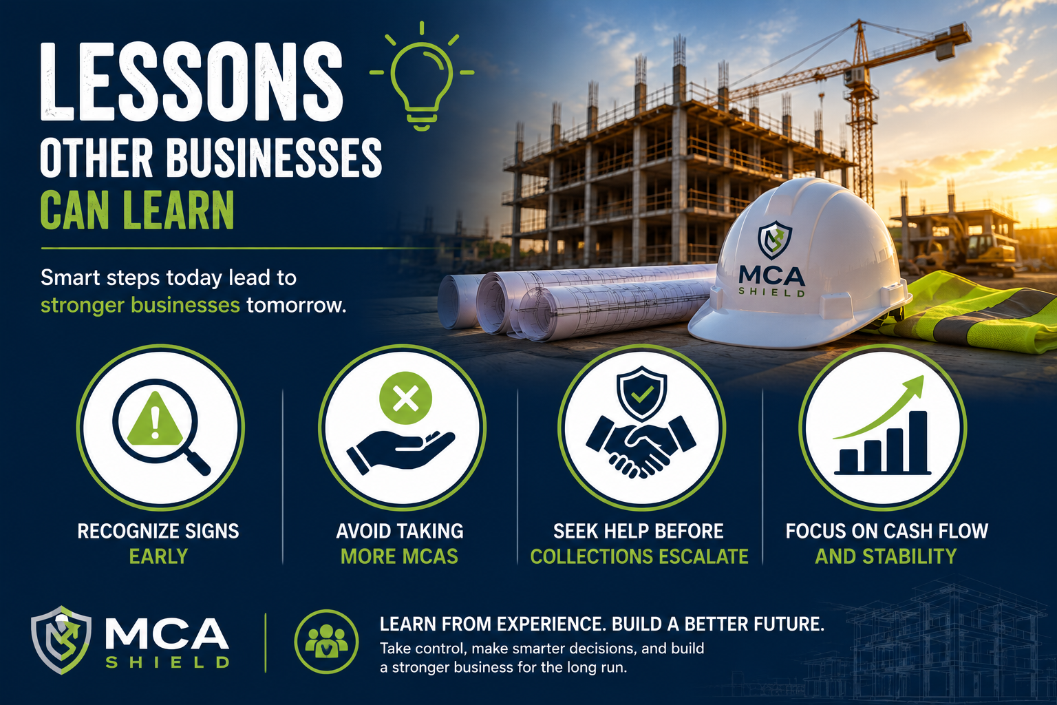 Construction business recovery lessons showing early warning signs, avoiding additional MCA debt, improving cash flow, and creating long-term stability.