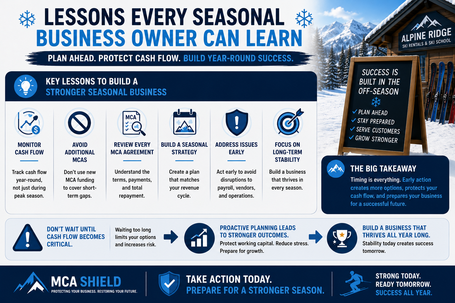 Horizontal infographic highlighting lessons every seasonal business owner can learn from Alpine Ridge Ski Rentals & Ski School. The graphic emphasizes monitoring cash flow year-round, avoiding additional MCA debt, planning for seasonal revenue changes, addressing financial challenges early, and building long-term business stability through proactive financial planning.