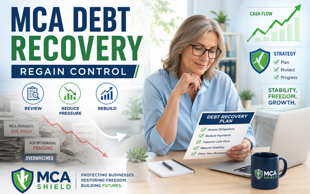 MCA debt recovery strategies showing business owner rebuilding cash flow, reducing payment pressure, and creating a plan to regain financial control with MCA Shield.