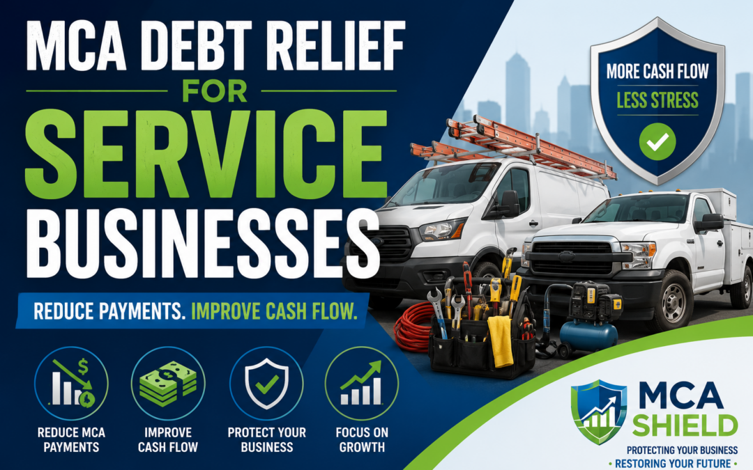 Featured image promoting MCA debt relief for service businesses with service trucks, work tools, and graphics illustrating reduced MCA payments, improved cash flow, and long-term business financial recovery.