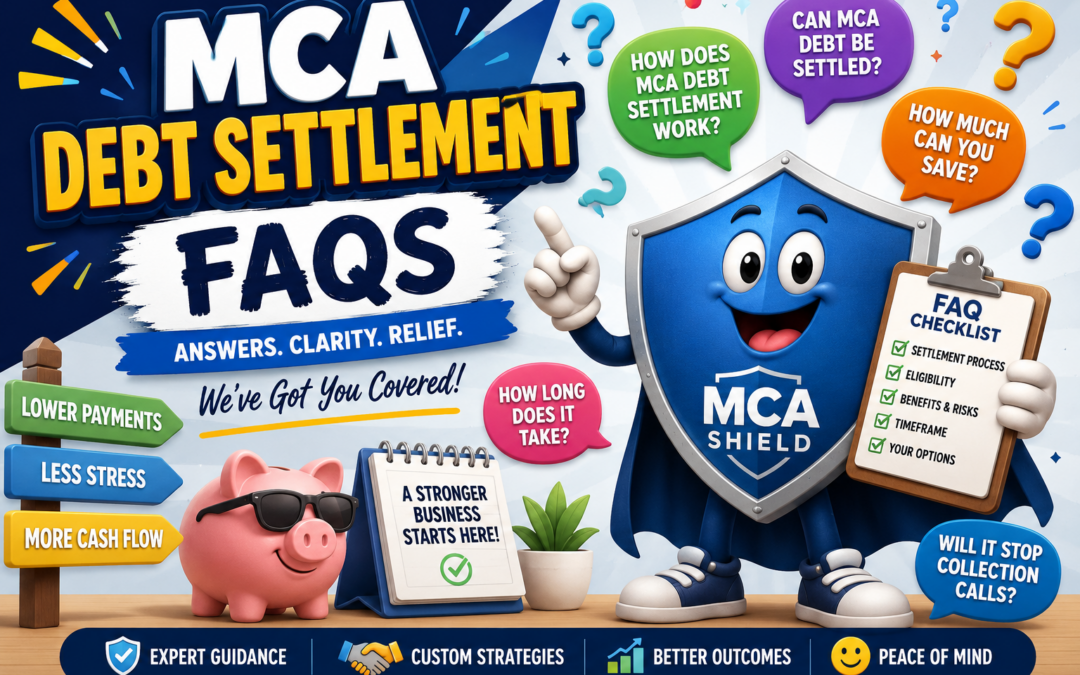 MCA Debt Settlement FAQs infographic showing common settlement questions, cash flow improvement, lower payments, and MCA Shield guidance for business owners.