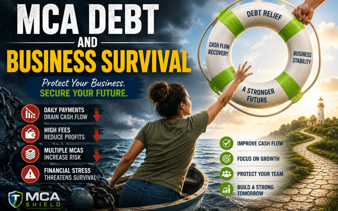 Business owner navigating MCA debt and business survival challenges while reaching for debt relief, improved cash flow, and financial recovery.