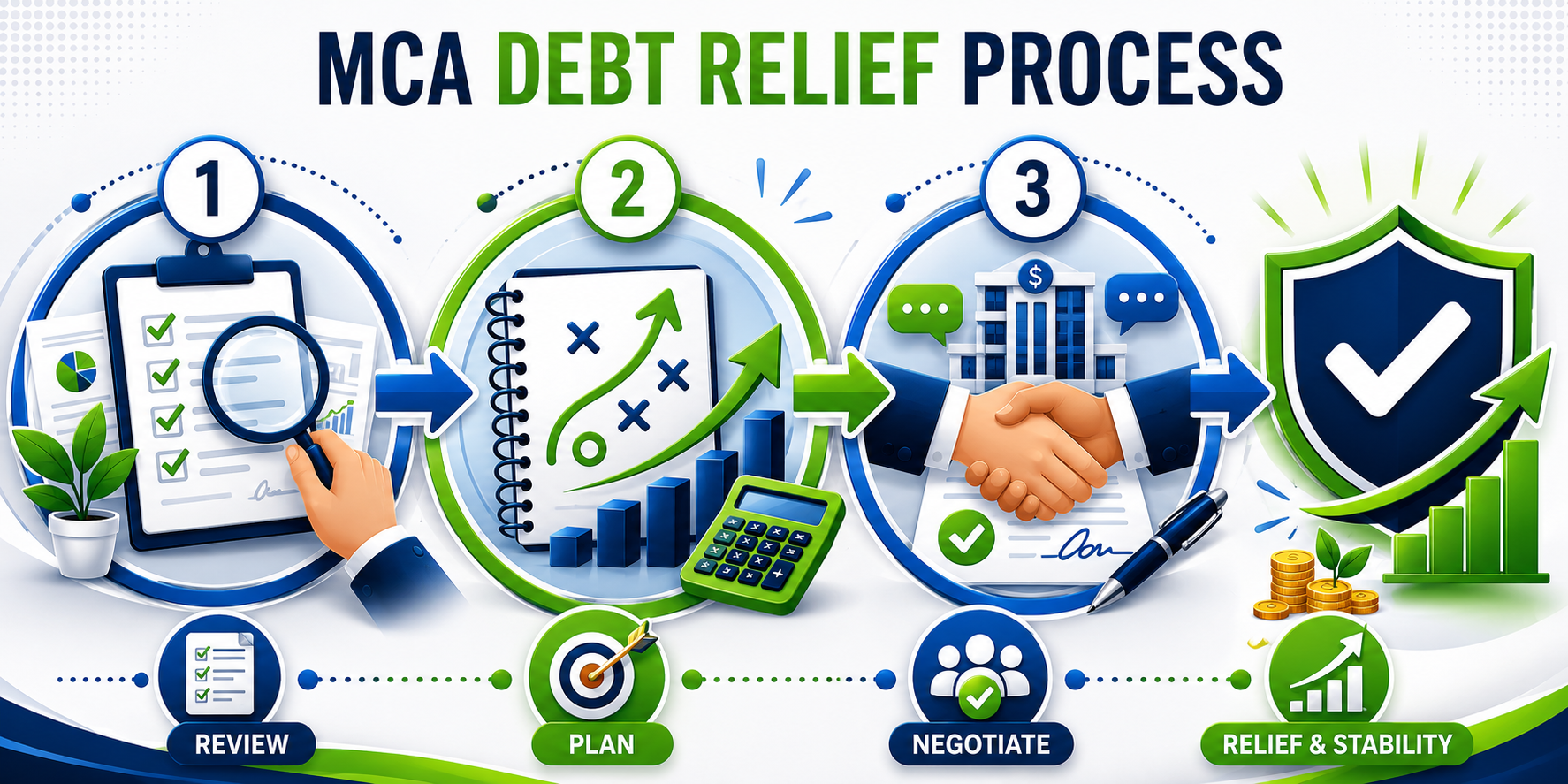 MCA debt relief process showing agreement review, customized recovery plan, negotiation strategy, and improved financial stability for small businesses