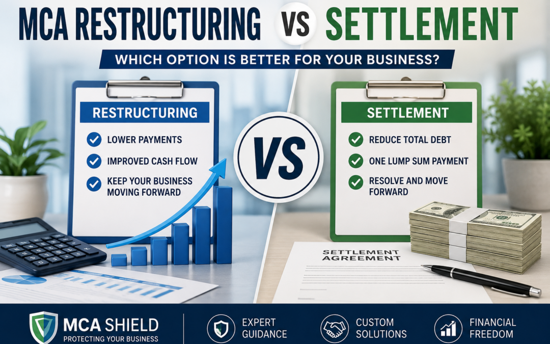 MCA restructuring vs settlement comparison showing key differences between restructuring and debt settlement options for businesses with merchant cash advance debt.