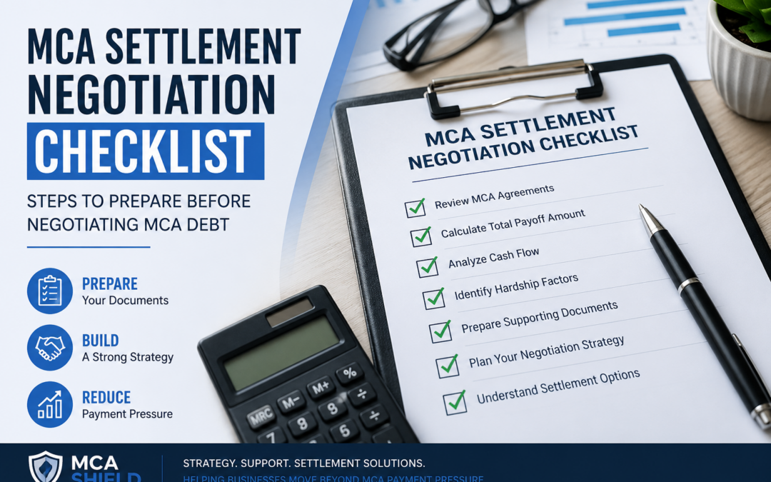 MCA settlement negotiation checklist with business documents, financial review steps, and cash flow strategy for merchant cash advance debt relief.