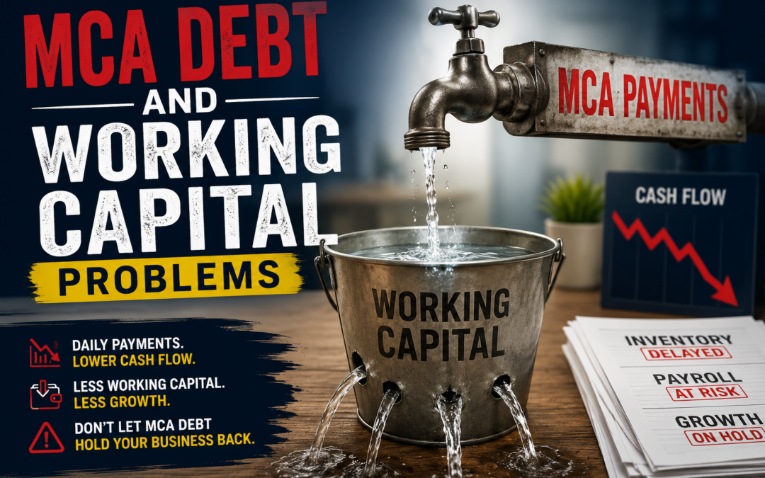 MCA debt and working capital problems illustrated by a leaking bucket representing lost cash flow, reduced working capital, delayed inventory, payroll risk, and stalled business growth.