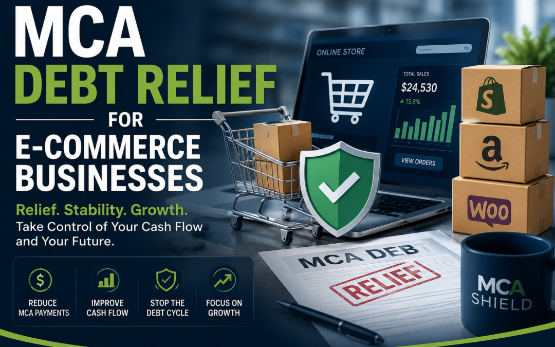MCA debt relief for e-commerce businesses with online store dashboard, shopping cart, shipping boxes, and cash flow recovery illustration.